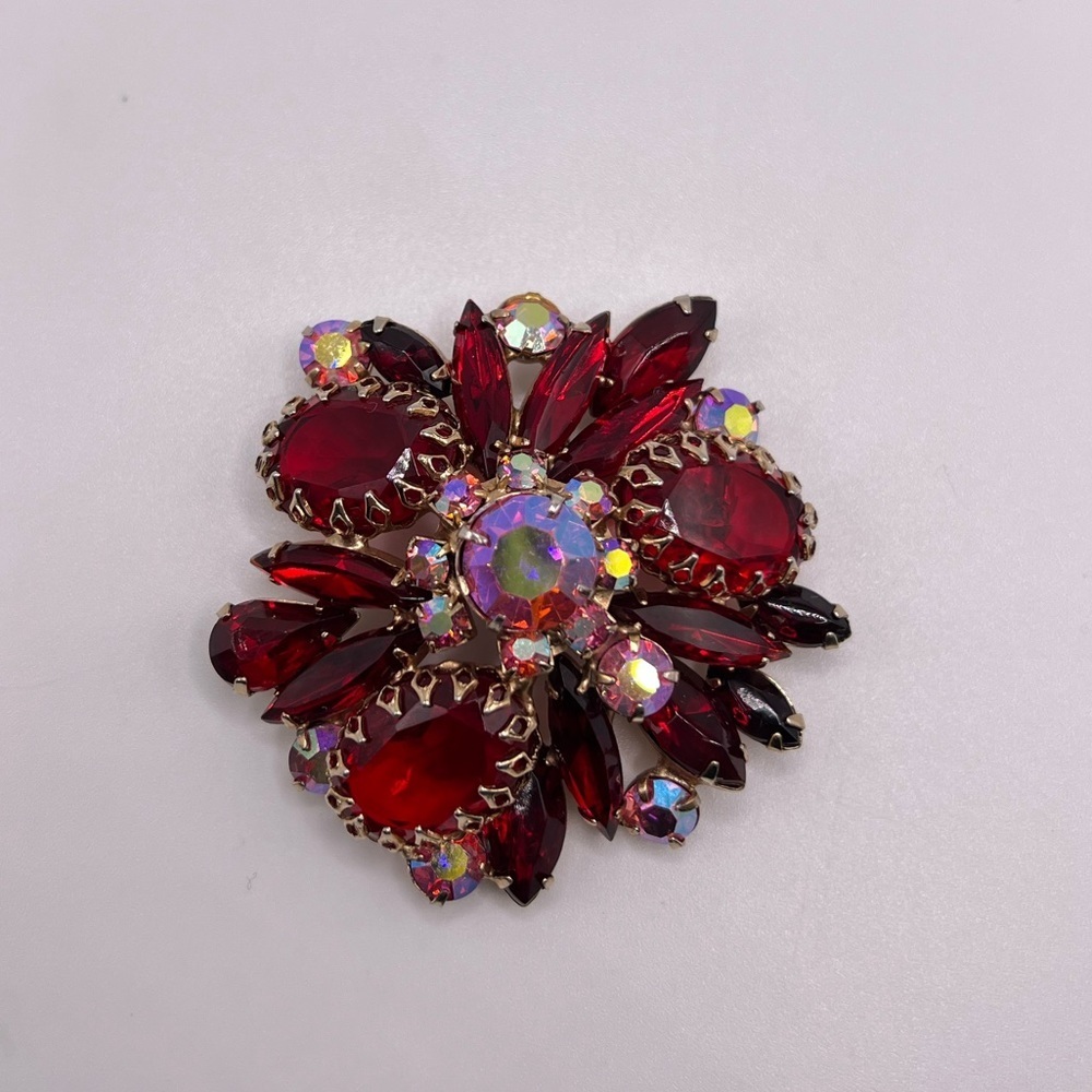 Vintage Schreiner Red Cabochon AB Rhinestone Layered Brooch Unsigned